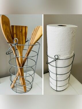 Wire Kitchen Utensil Or Paper Towel Holder - Silver Metal